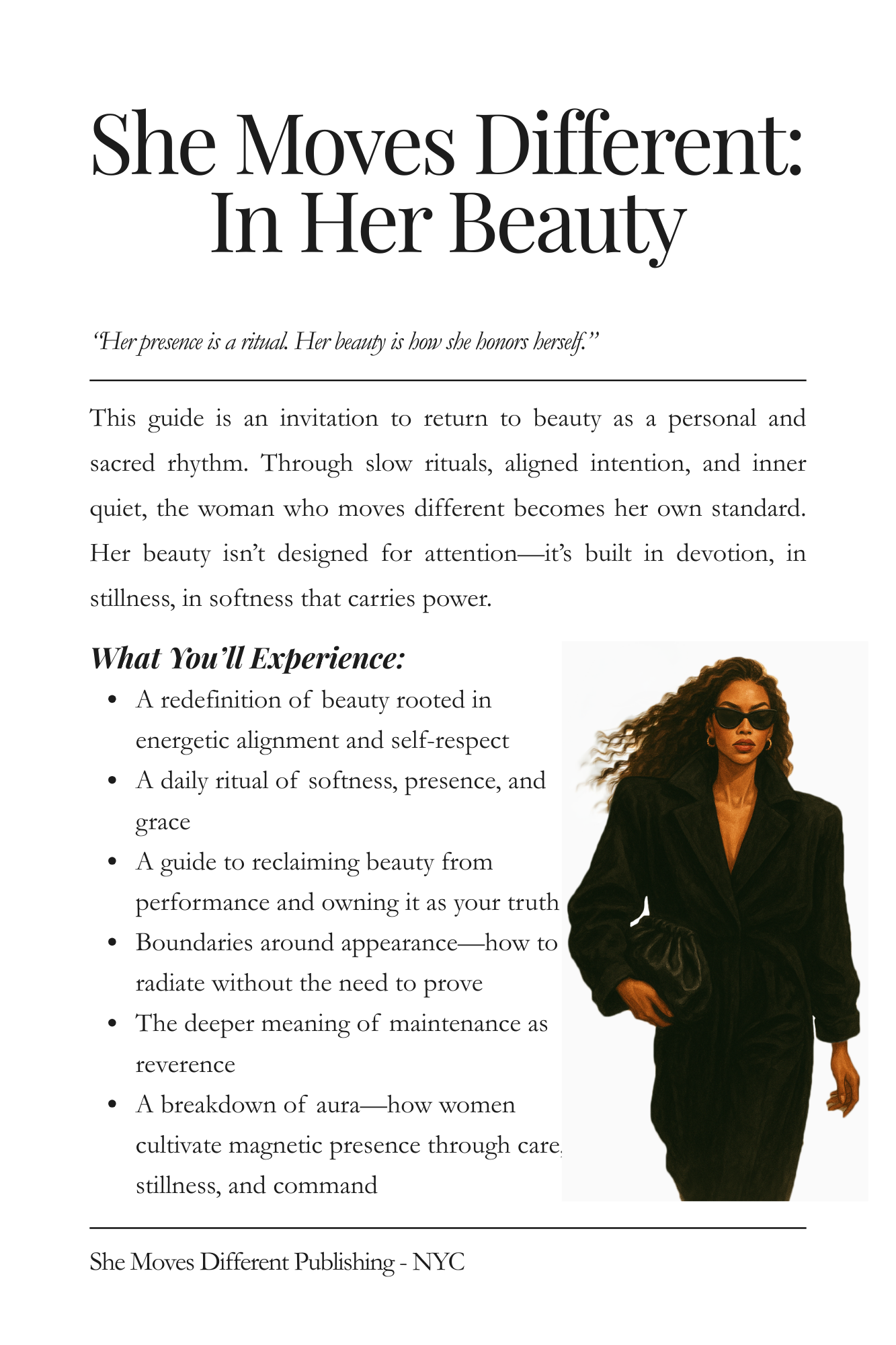 “She Moves Different: In Her Beauty” — featuring themes of aura, grace, boundaries, and self-respect.