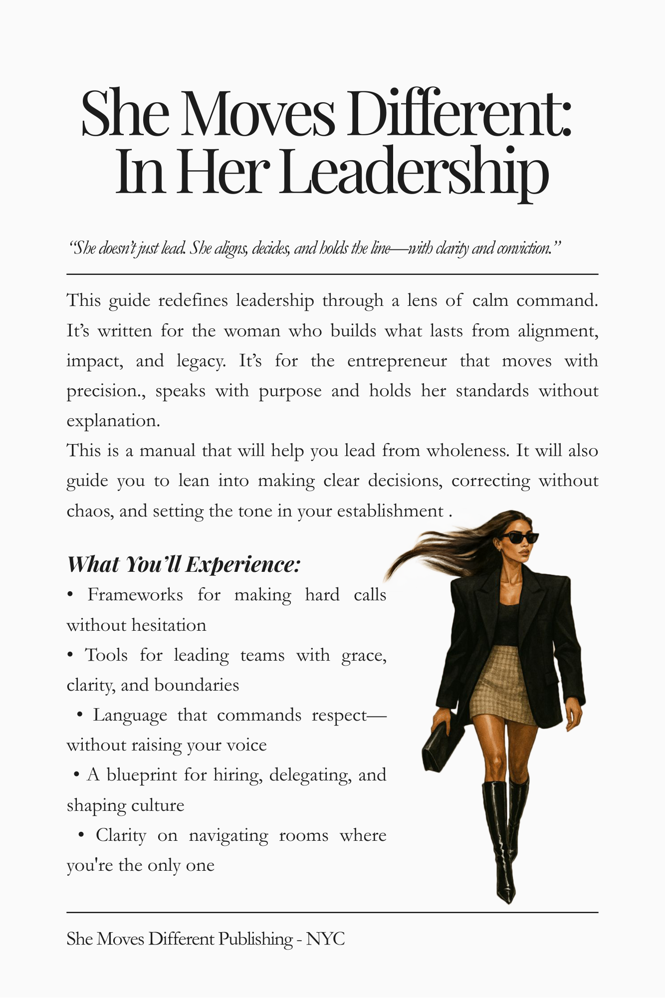 Preview page from “She Moves Different: In Her Leadership” — featuring principles on authority, self-discipline, and leadership without overcompensation.