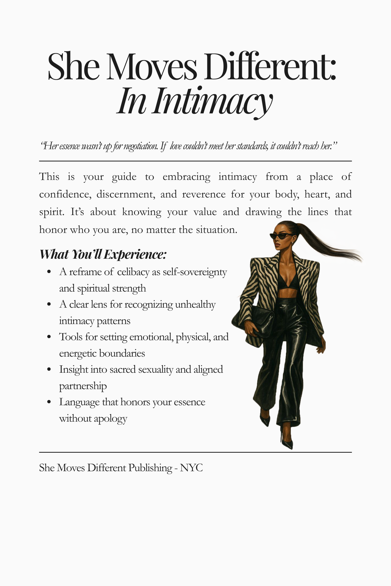 Preview page from “She Moves Different: In Intimacy” — featuring insights on celibacy, emotional safety, boundaries, and soft power in connection.