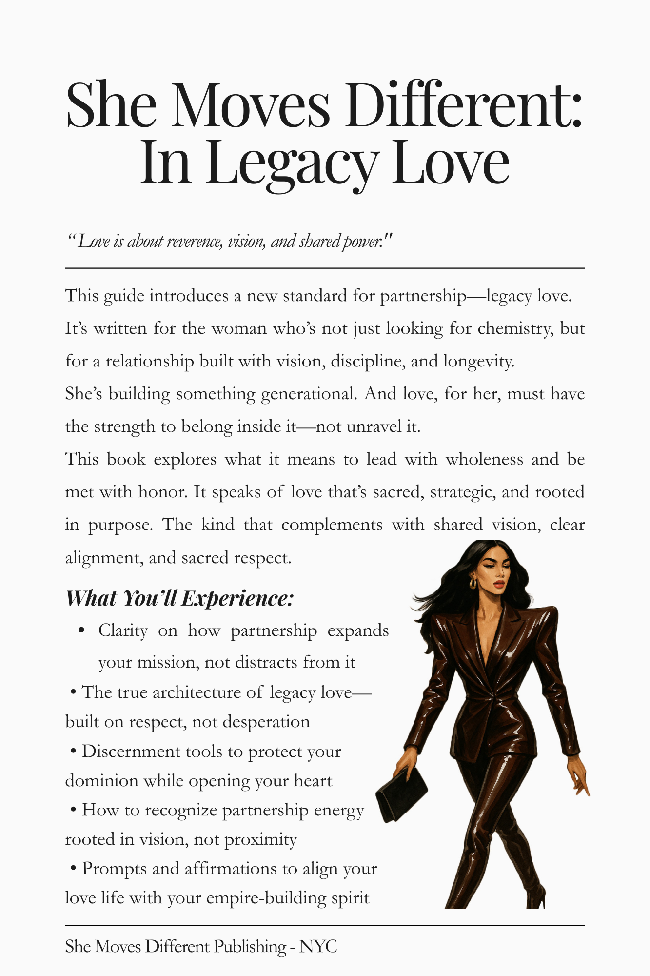 Preview page from “She Moves Different: In Legacy Love” — featuring insights on aligned timing, legacy-minded dating, and discerning long-term partnership.