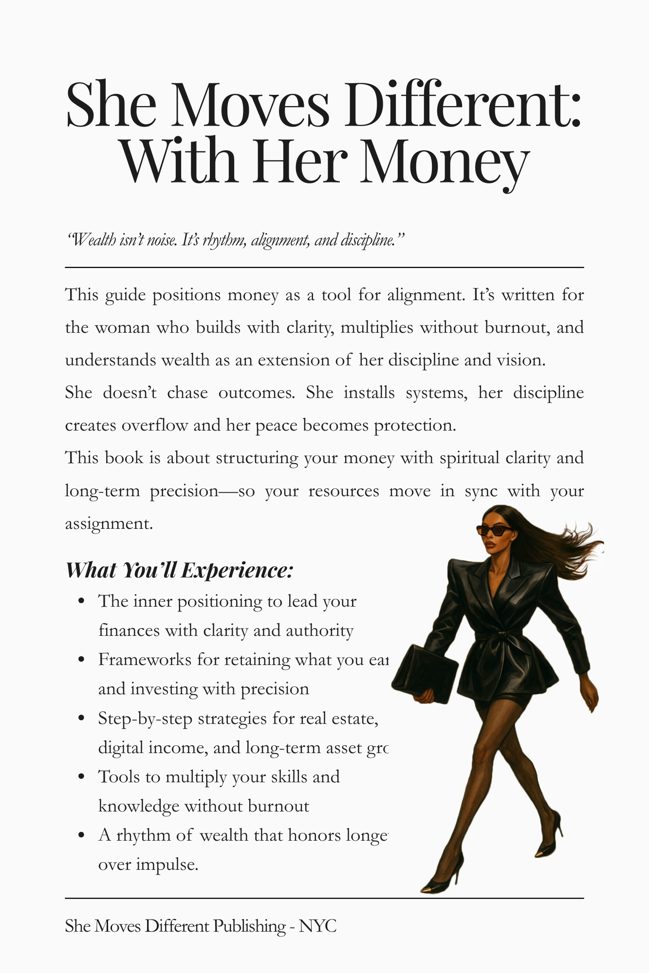 Preview of “She Moves Different: With Her Money.” Includes strategies for digital income, long-term wealth building, financial boundaries, and sustaining energy while growing multiple income streams.
