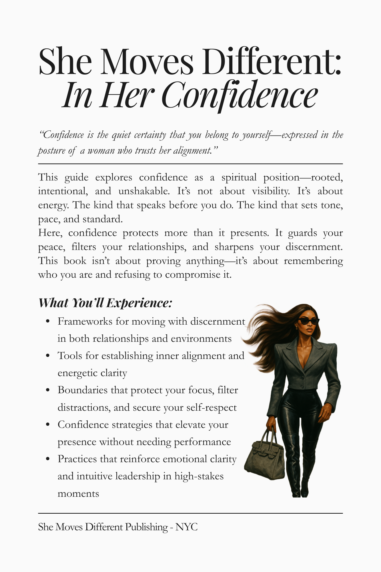 Preview page from “She Moves Different: In Her Confidence” — featuring insights on feminine power, self-respect, and leading the need for approval.