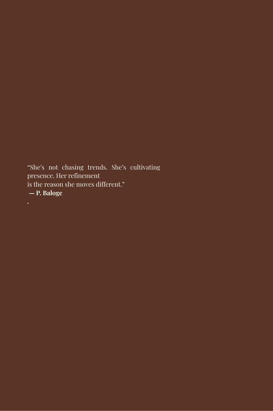 Back cover of “She Moves Different: In Luxury” by P. Baloge. Describes luxury as internal clarity, energetic refinement, and curated presence without performance.