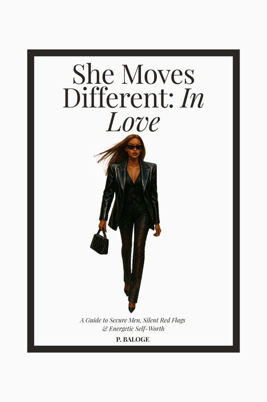 Illustrated book cover of “She Moves Different: In Love” by P. Baloge. A confident woman in a black suit walks forward with sunglasses and a clutch bag.
