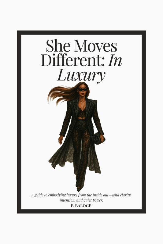 Illustrated book cover of “She Moves Different: In Luxury” by P. Baloge. A confident woman in a sheer black set and flowing coat walks forward with bold sunglasses and poise—radiating high fashion and inner power.