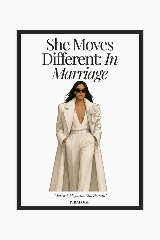 Book cover of “She Moves Different: In Marriage” by P. Baloge. A powerful guide for women becoming wives—featuring a poised woman in a cream tailored suit and sunglasses, symbolizing elegance, self-possession, and clarity in marriage.
