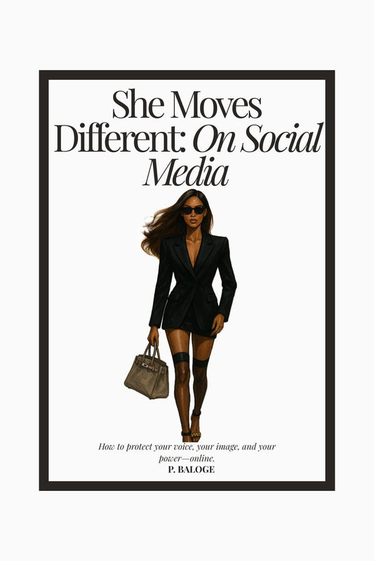 Book cover of “She Moves Different: On Social Media” by P. Baloge. A stylish woman in an oversized blazer and thigh-highs walks confidently—symbolizing visibility, mystery, and digital power.