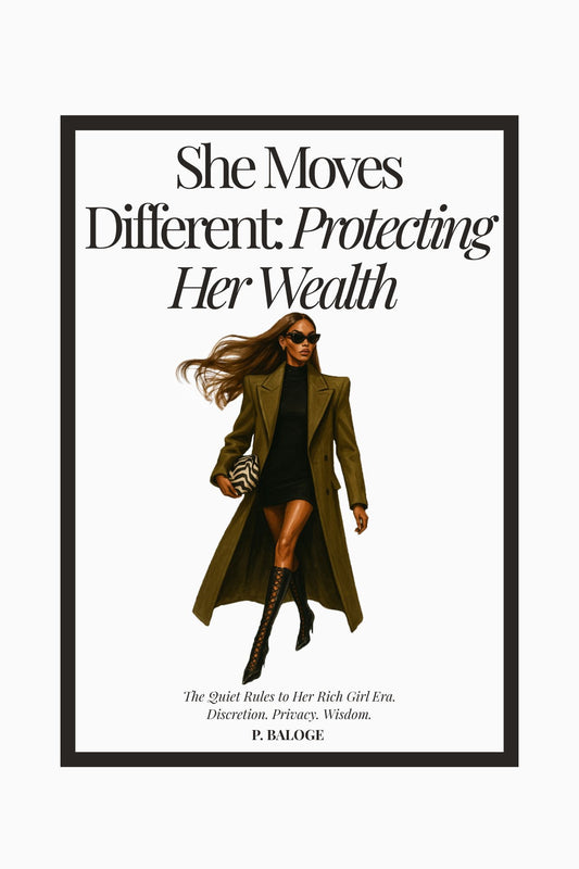Book cover of “She Moves Different: Protecting Her Wealth” by P. Baloge. A poised woman in an olive trench coat and knee-high boots walks confidently—symbolizing privacy, elegance, and quiet financial strategy.