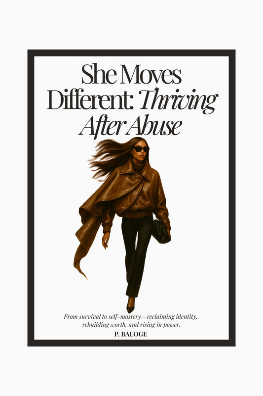 Book cover of “She Moves Different: Thriving After Abuse” by P. Baloge. A stylish woman in a flowing leather jacket walks with wind-swept hair—symbolizing strength, rebirth, and soft power after emotional trauma.