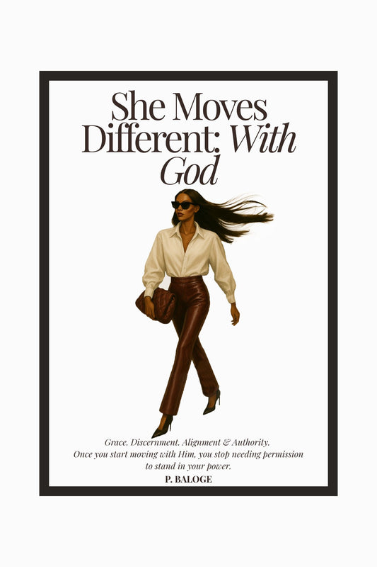 Book cover of “She Moves Different: With God” by P. Baloge. A woman in brown leather pants and a cream blouse walks forward with poise—symbolizing grace, authority, and divine alignment.