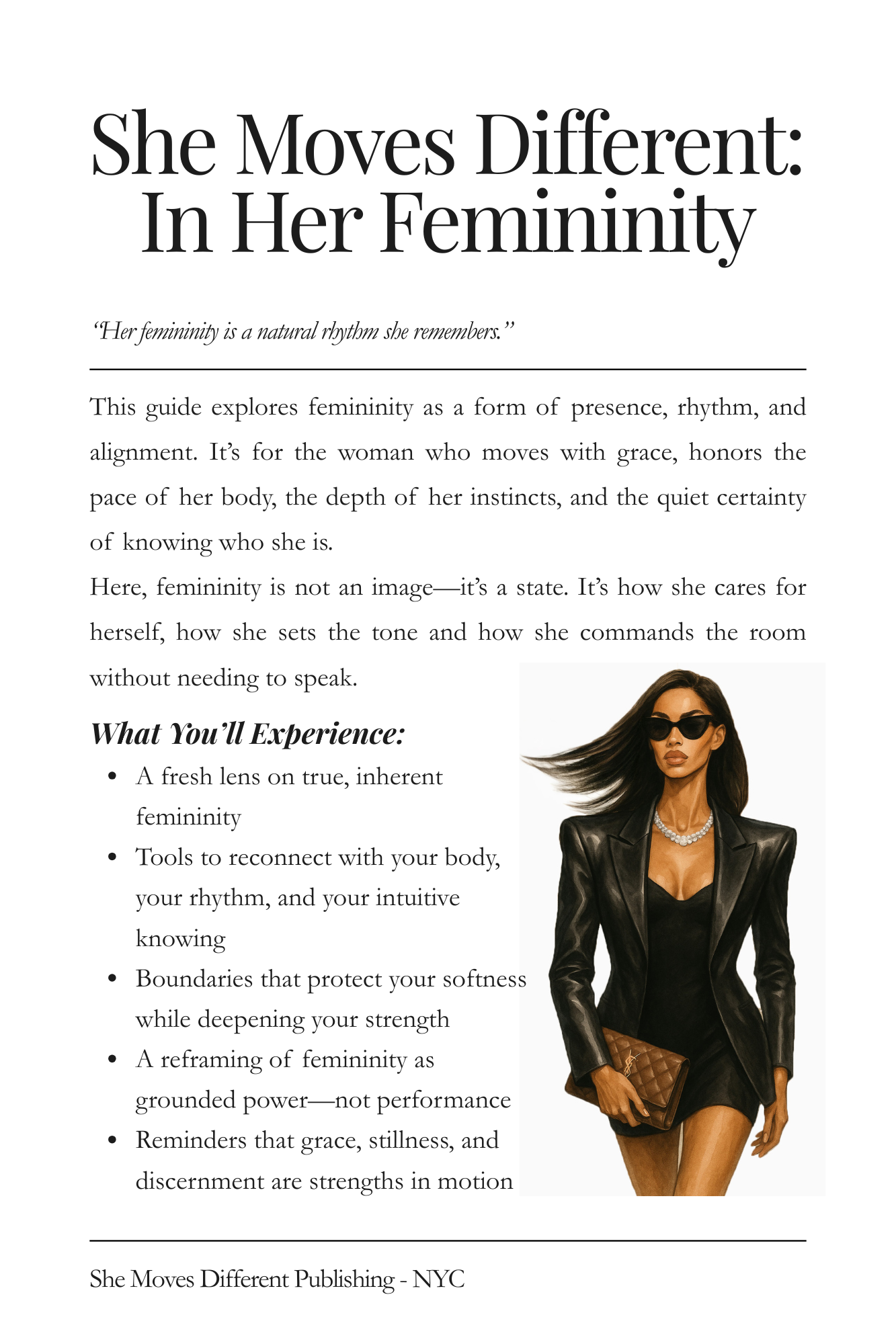 Preview page from “She Moves Different: In Her Femininity” — featuring insights for the high-value woman cultivating softness, boundaries, and elevated self-expression.