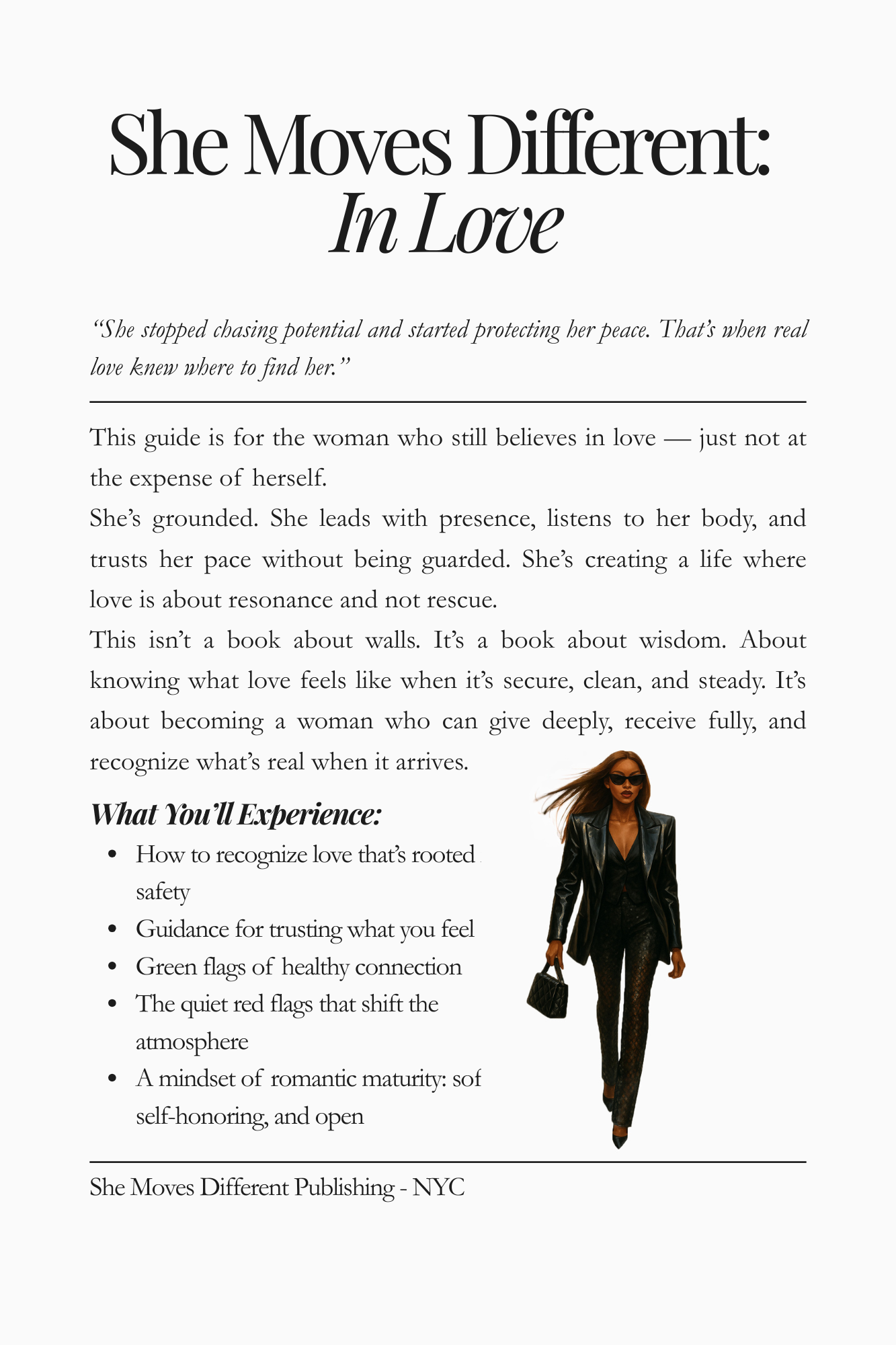 Preview page of “She Moves Different: In Love” by P. Baloge. Shows chapter topics like secure love, red flags, green flags, and dating from clarity.