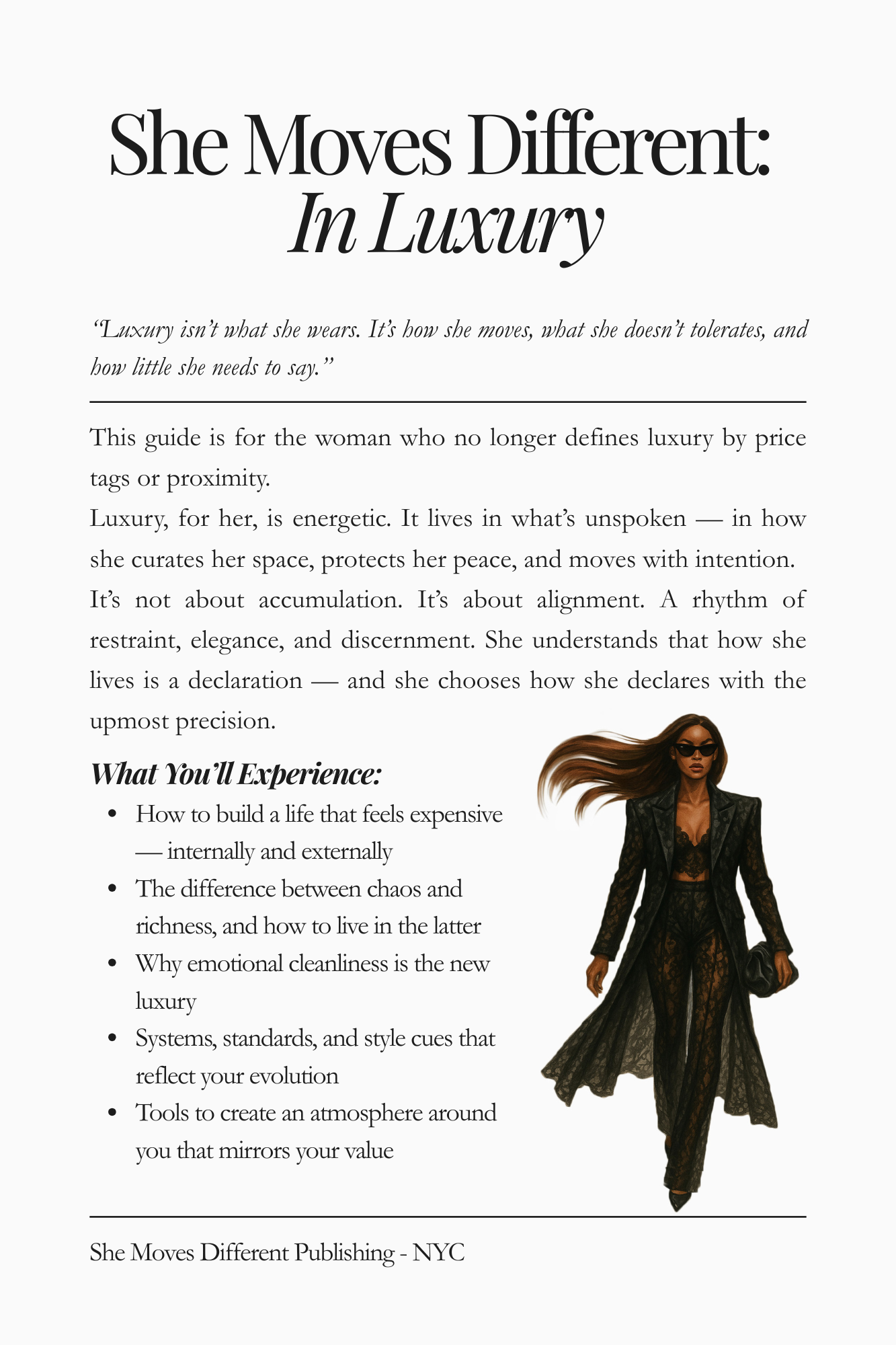 Preview page of “She Moves Different: In Luxury.” Outlines topics like emotional cleanliness, style as quiet power, and designing a rich life inside and out.