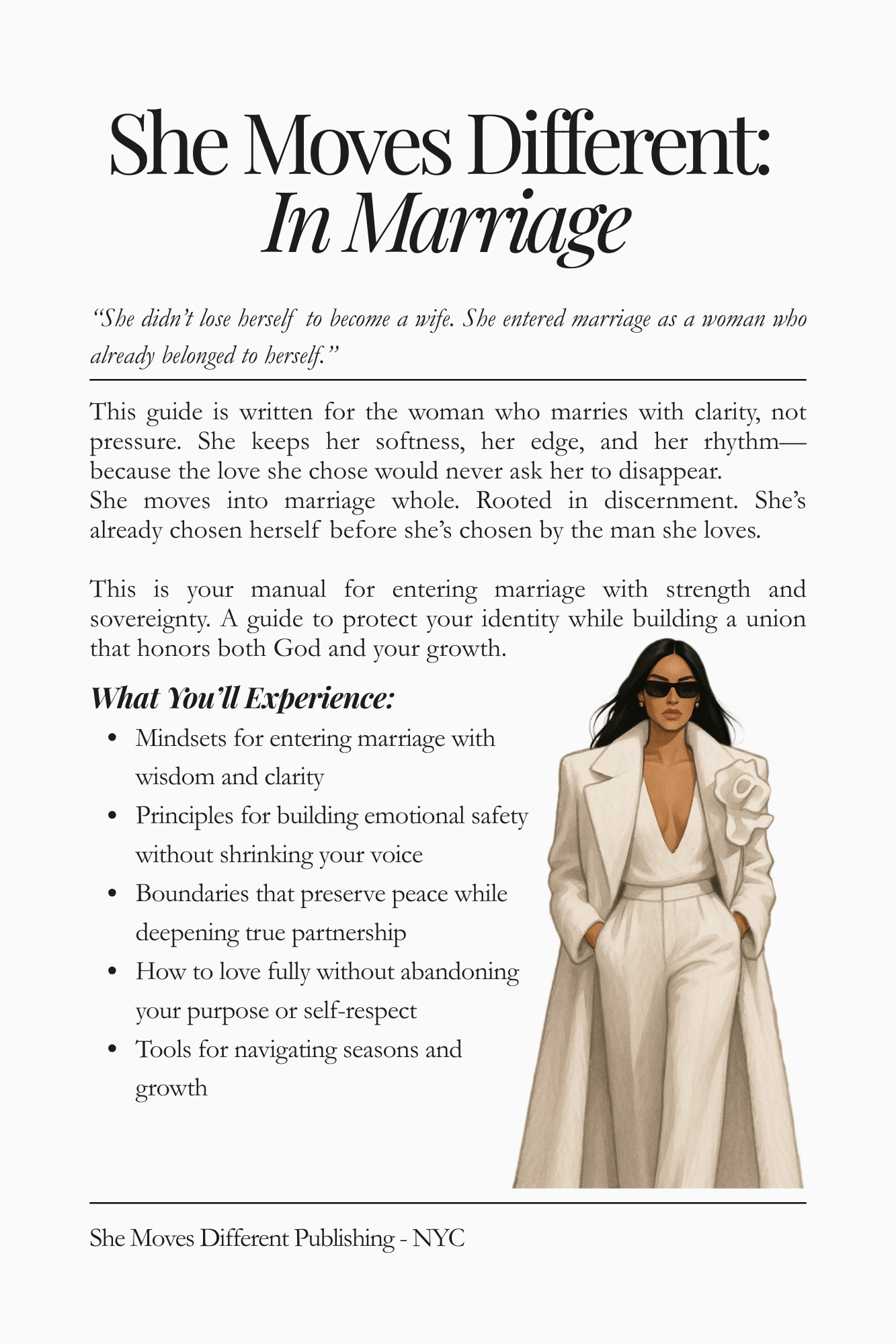 Preview page of “She Moves Different: In Marriage.” Topics include identity in marriage, emotional boundaries, sensuality, personal rhythm, and tools for navigating loyalty and conflict with grace.
