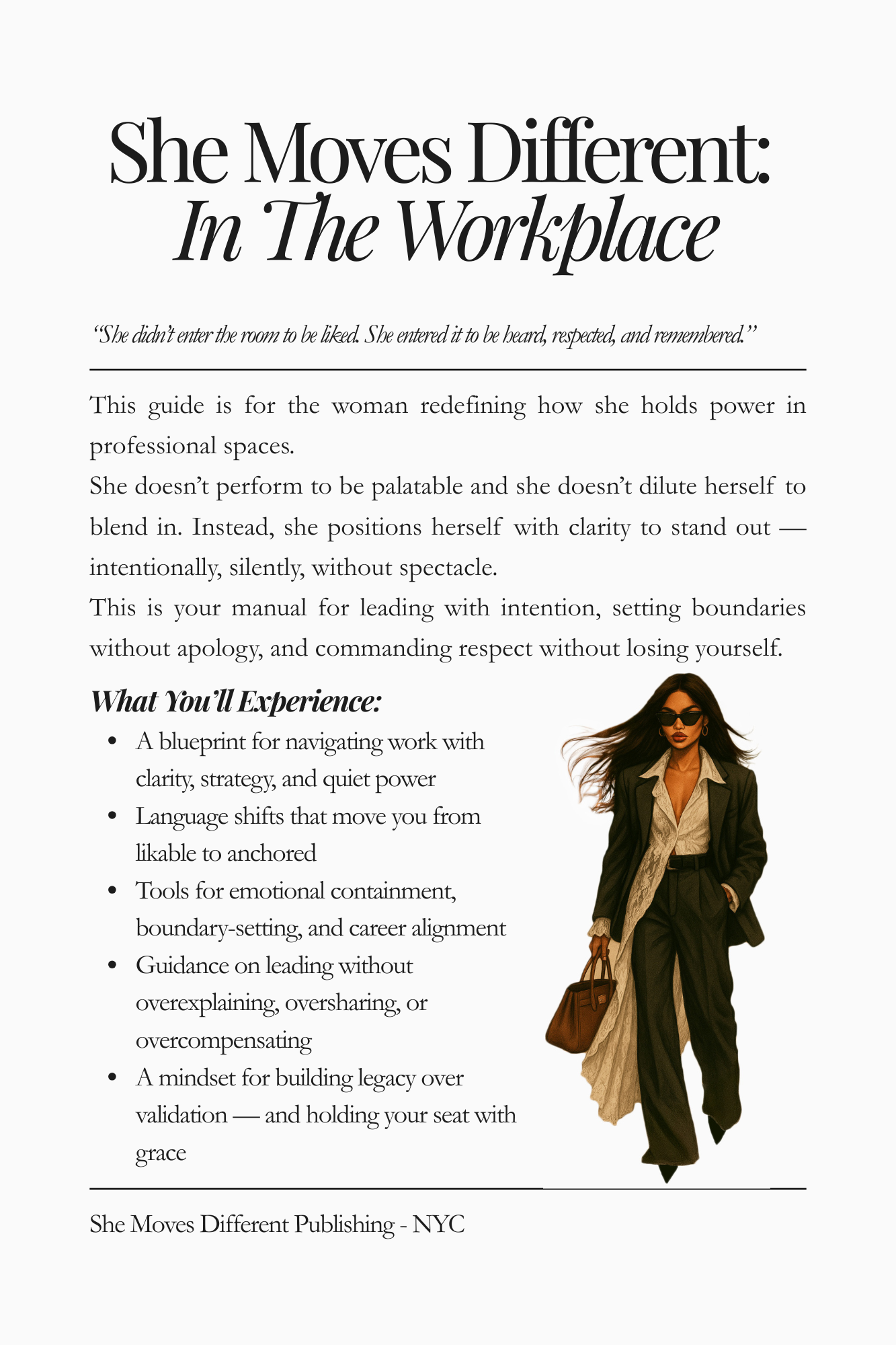 Preview page of “She Moves Different: In the Workplace.” Highlights lessons on boundaries, presence, emotional discipline, and leading with quiet confidence in professional settings.
