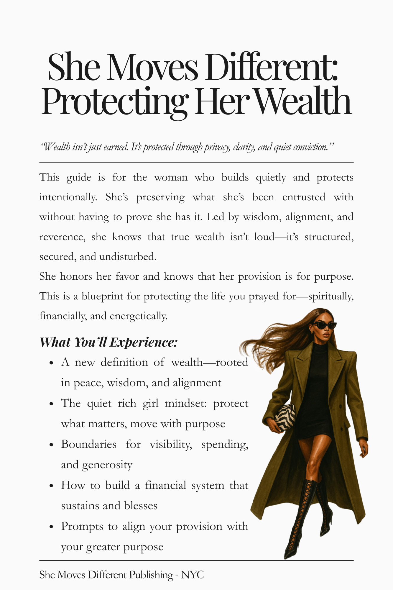 Preview of “She Moves Different: Protecting Her Wealth.” Topics include boundaries around generosity, private wealth-building, spiritual alignment, and quiet confidence.