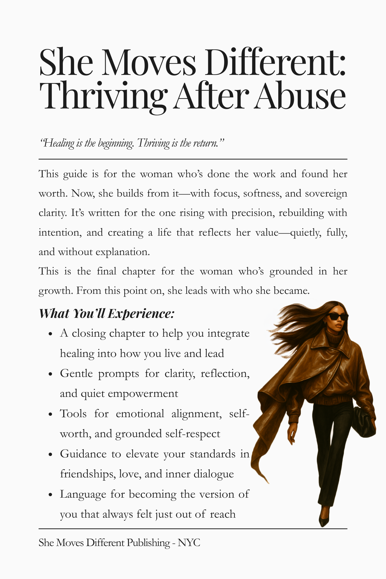 Preview page of “She Moves Different: Thriving After Abuse.” Covers guilt-wiring, gaslighting, self-reclamation, and spiritual discernment for survivors.
