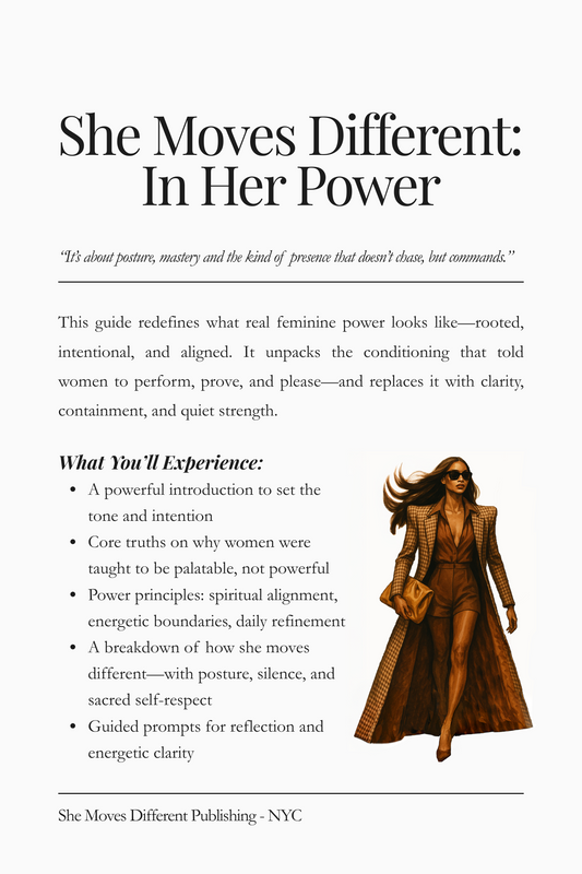 Preview page from “She Moves Different: In Her Power” — featuring frameworks on boundaries, silent strength, and aligned decision-making.